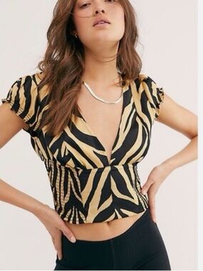 Free People Show Me Love Zebra Print Smocked Plunge Crop Top Medium